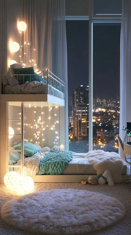 女孩卧室窗景大床毛毯玩具