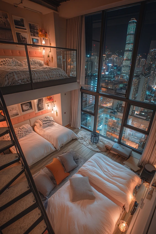 螺旋楼梯卧室双人床花窗夜景