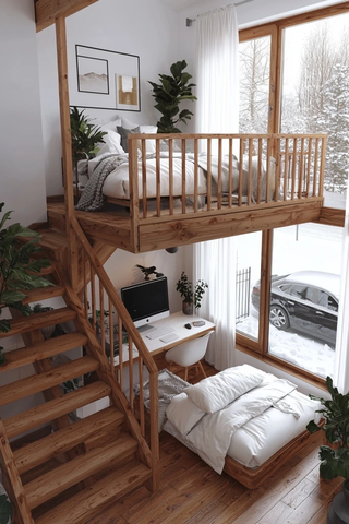 木梯窗景公寓卧室雪景