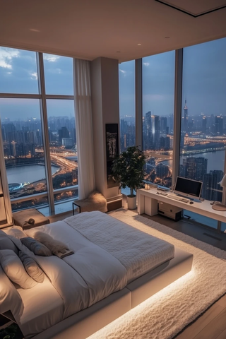 白色卧室大床窗户城市夜景