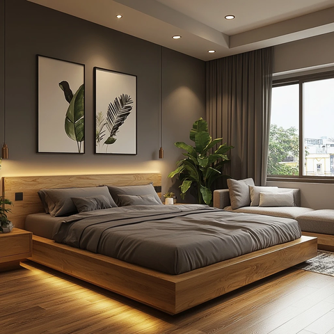 木床灰墙绿植现代房间