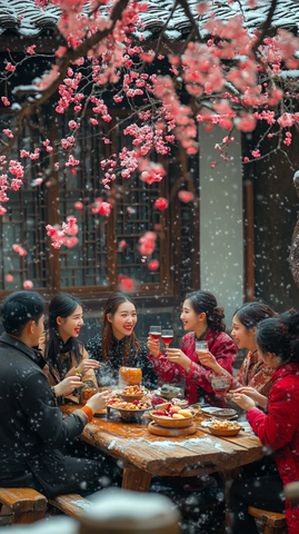 雪中庭院聚餐乐