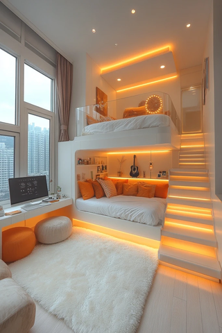 白色墙面橙光小桌沙发床铺