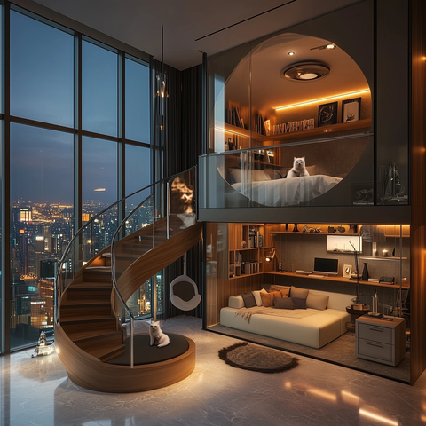 玻璃窗前沙发办公桌猫