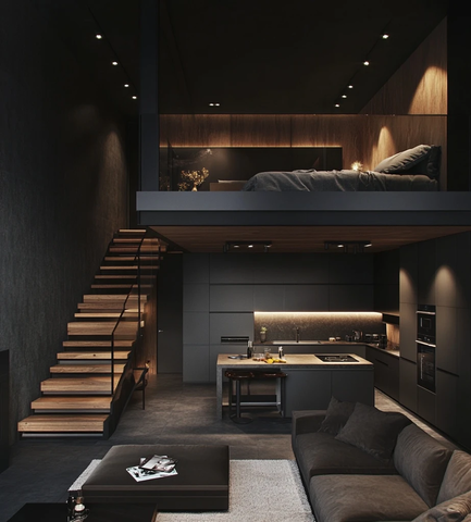 灰墙木质阁楼公寓夜景