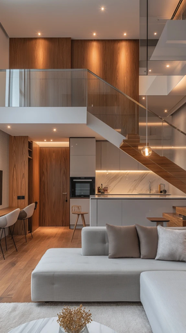 现代木质楼梯玻璃护栏公寓