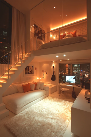 白色复式楼楼梯与舒适卧室