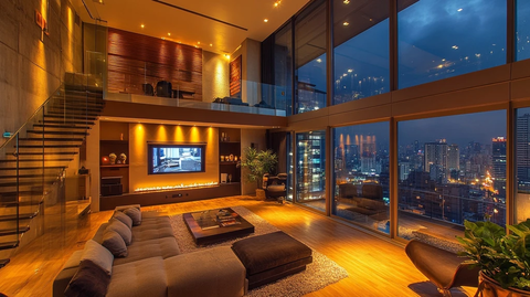 双层客厅玻璃墙城市夜景