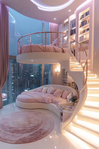 圆床楼梯卧室书桌全景窗