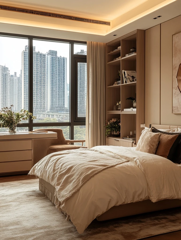 木地板卧室窗外高楼