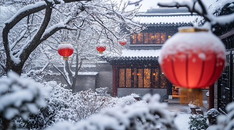 雪落庭院红灯笼
