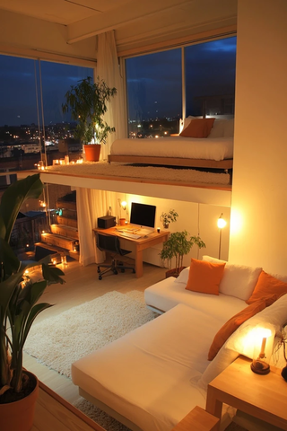 高窗城市夜景沙发床铺书房