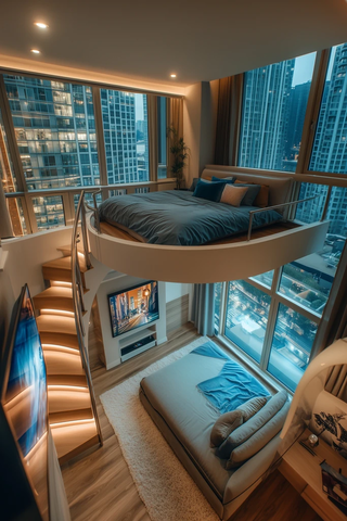 螺旋楼梯床与二楼沙发书桌