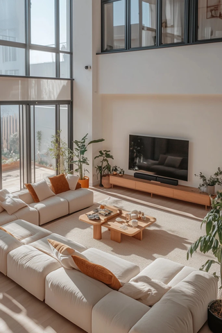 现代客厅高天花板大窗户自然光