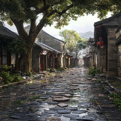 雨后古镇石板路