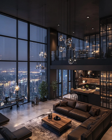 黑色内饰顶层公寓客厅