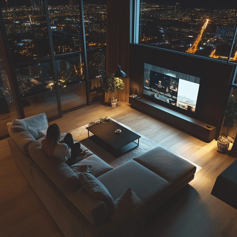 女人沙发夜景观景窗