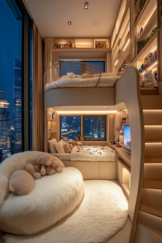 双层床与书架玩具儿童房