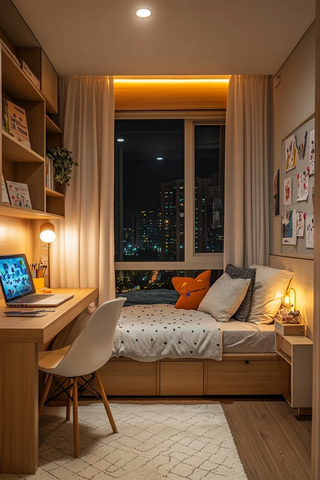 儿童房木床书桌卡通墙贴