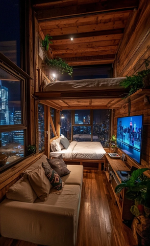 木墙地板大窗夜景床桌椅