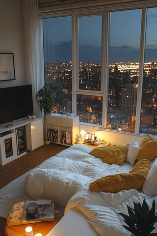 黄色枕头白被单城市夜景卧室