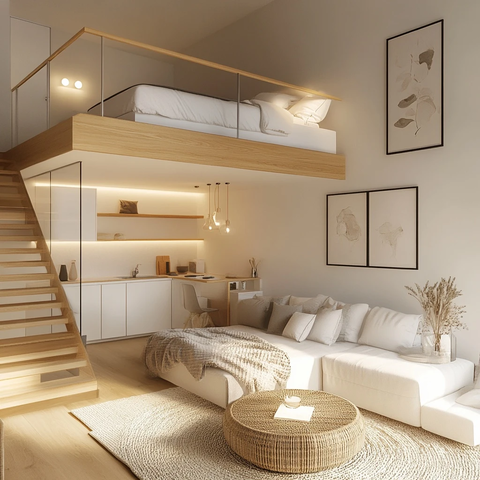 简约白色调阁楼卧室与客厅