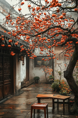 雨中庭院柿树