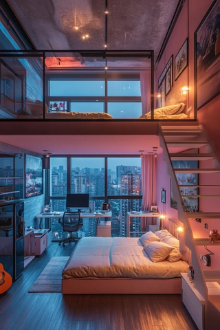 粉色调阁楼卧室城市夜景
