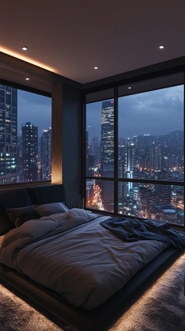 灰色卧室与夜景对比