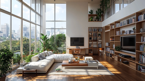 白色客厅绿植书架电视墙