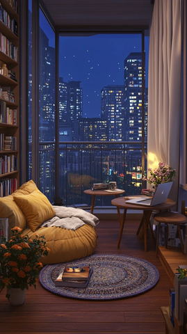 阳台书架与城市夜景