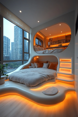 螺旋楼梯床与二楼沙发书桌