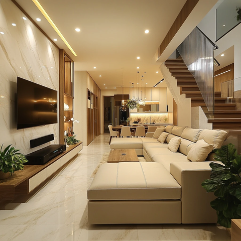 现代客厅楼梯电视墙祈祷室餐厅