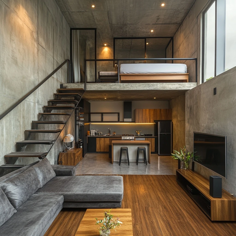 双层阁楼卧室俯瞰厨房客厅