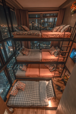 螺旋楼梯卧室双层床花窗夜景