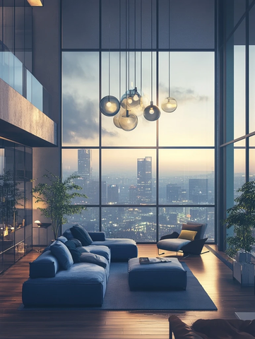 蓝灰色调复式公寓高窗设计