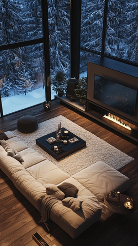 客厅白地毯现代沙发雪夜窗景