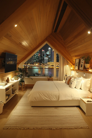 阁楼双人床与城市夜景