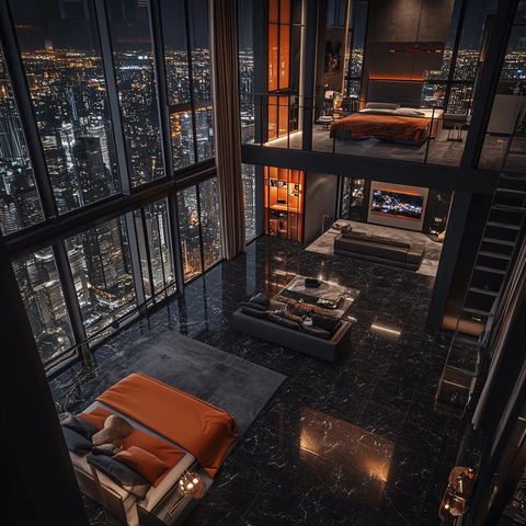 黑色与橙色现代开放式阁楼