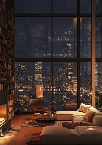 玻璃客厅书架壁炉布局