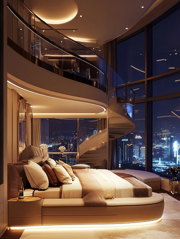 圆床落地窗螺旋梯卧室