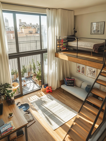 木地板客厅带阳台和阁楼卧室