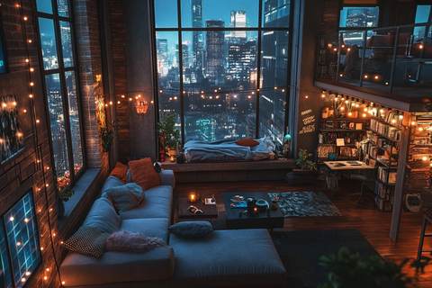 两居室阁楼玻璃卧室城市夜景