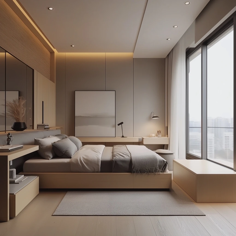 自然木地板中央床位卧室设计