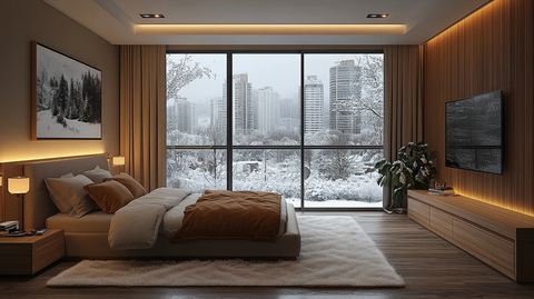 高层公寓卧室雪景窗景