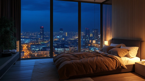 城市夜景卧室大窗暖色调床品