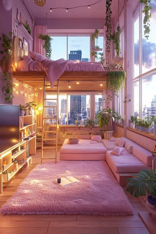 粉色金调动漫风阁楼公寓