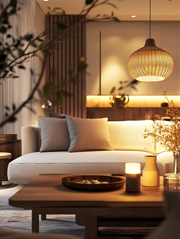 夜晚客厅木质沙发温暖灯光