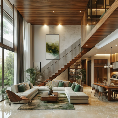 木质天花板玻璃墙客厅设计