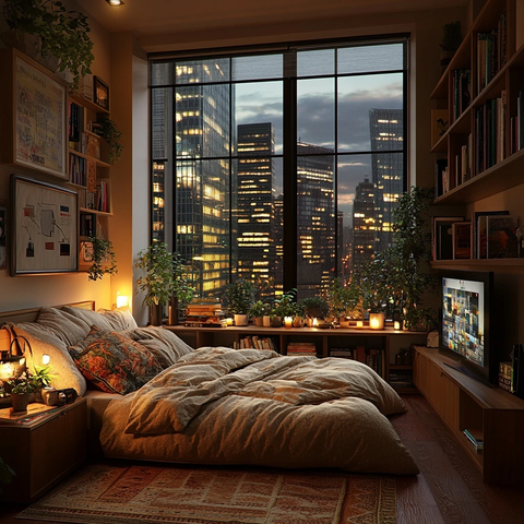 卧室沙发书架电视雨天